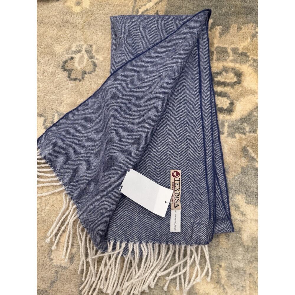 Texdisa 100% Baby Alpaca Blue Herrigbone Fringe Scarf / Wrap 12.5 X 66" NWT